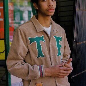 Teddy Fresh Jacket Mens 2XL Embroidered Tan Corduroy Baseball Varsity Bomber